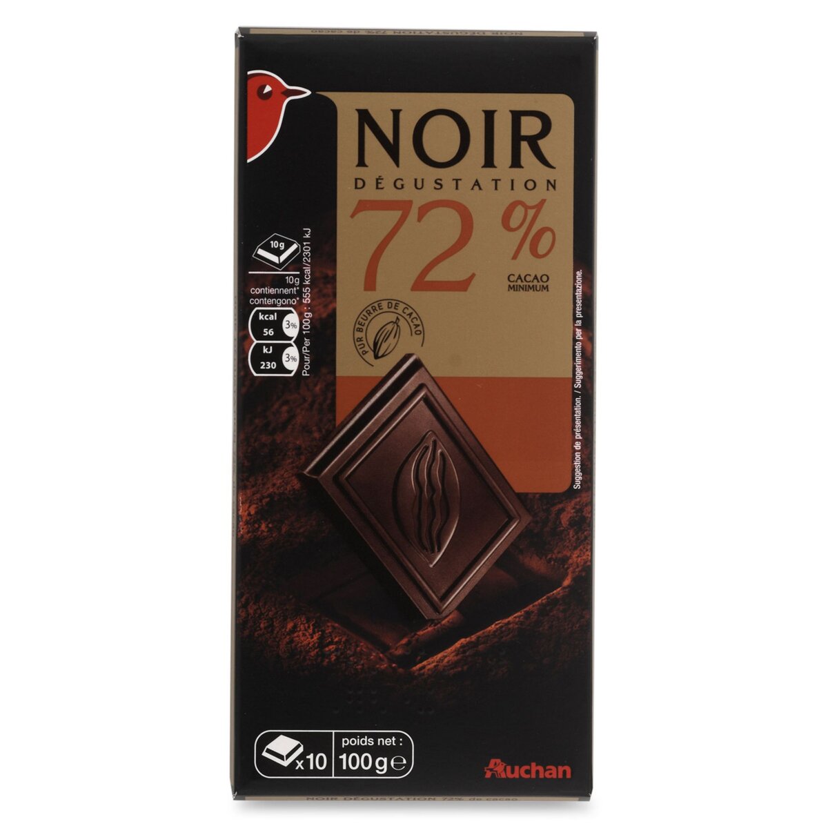 AUCHAN Tablette de chocolat noir dégustation 72% 1 pièce 100g