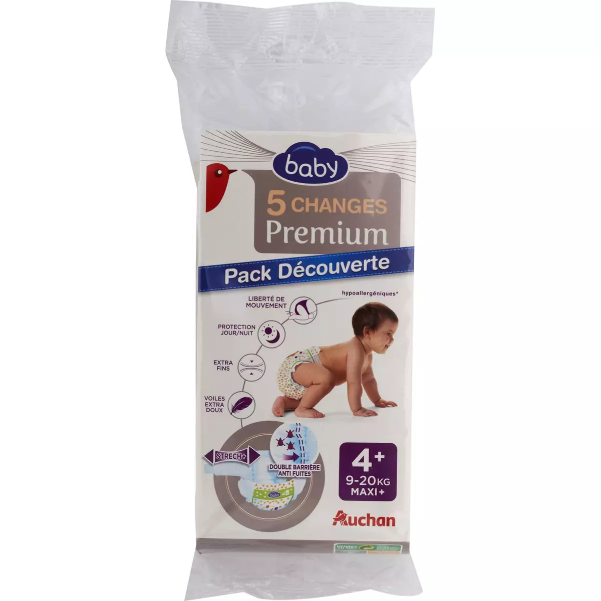 AUCHAN BABY Couches premium pack découverte taille 4+ (9-20kg) 5 couches