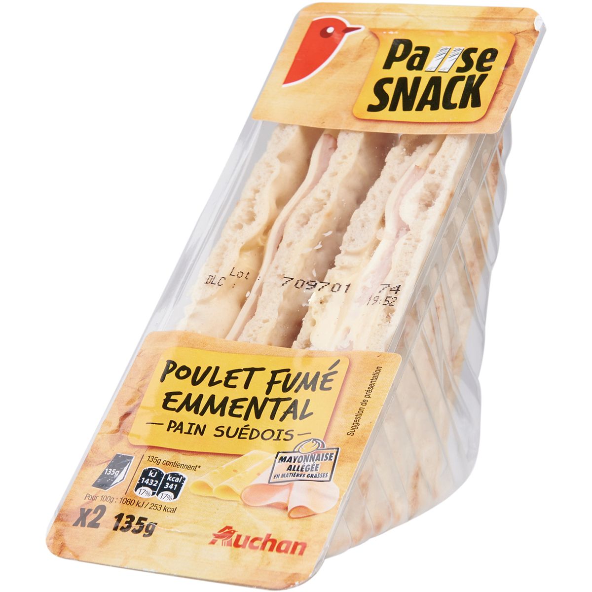 AUCHAN Pause snack sandwichs pains suédois poulet fumé emmental 2 pièces 135g