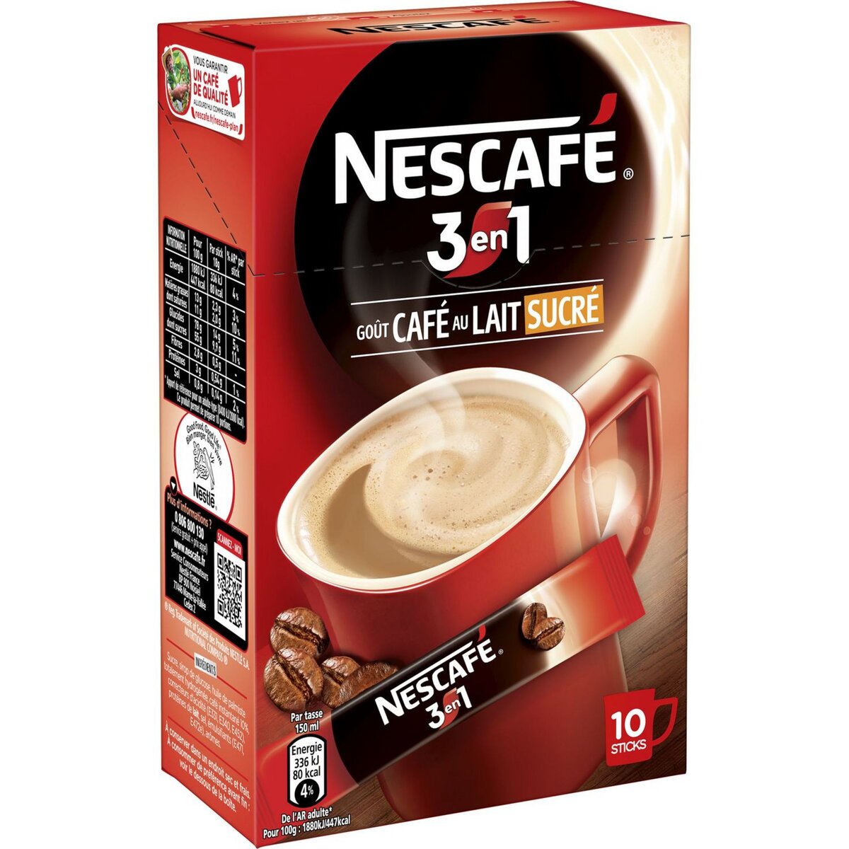 NESCAFE Café soluble en stick 3en1 goût café au lait sucré 10 sticks 18g  pas cher 