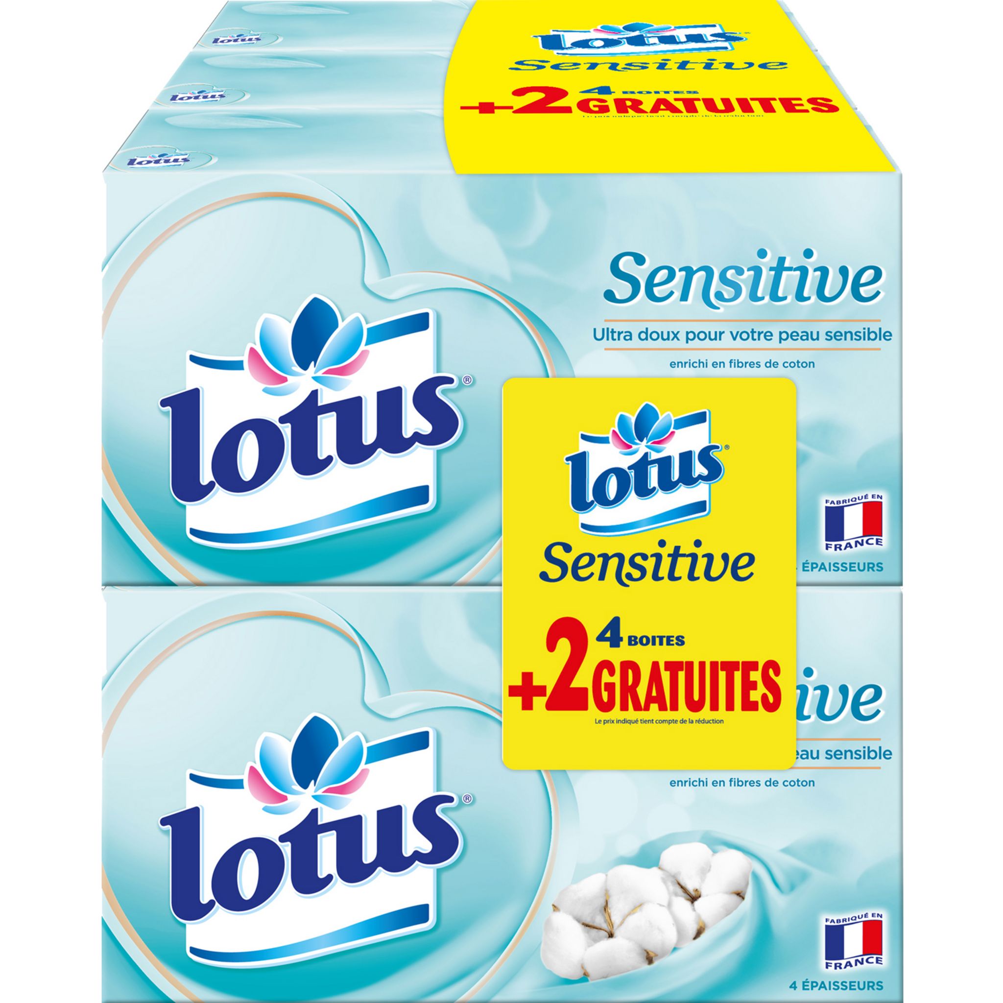 Mouchoirs Lotus Sensitive X320 - 4 Boîtes De 80 - Sans Parfum Pour Peaux Sensibles - Fabriqué En France