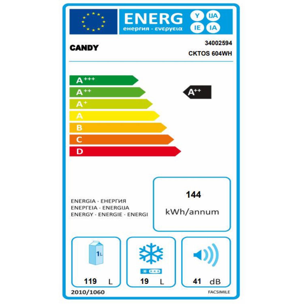 CANDY Réfrigérateur table top CKTOS604WH - 138 L, Froid Statique