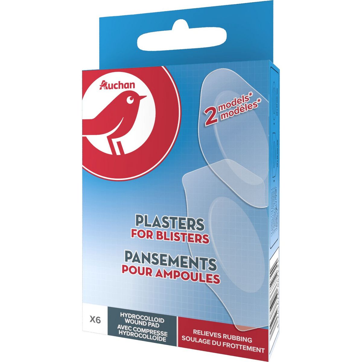 AUCHAN Pansements pour ampoules soulage du frottement 2 tailles 6 pansements