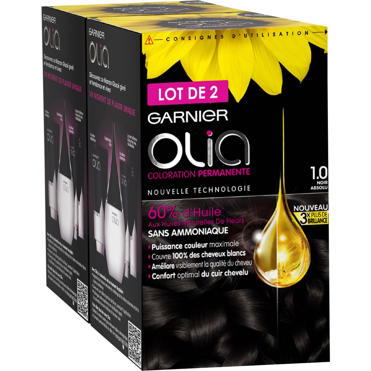 GARNIER Olia coloration permanente sans ammoniaque 1.0 noir absolu 2x3 produits 2 kits