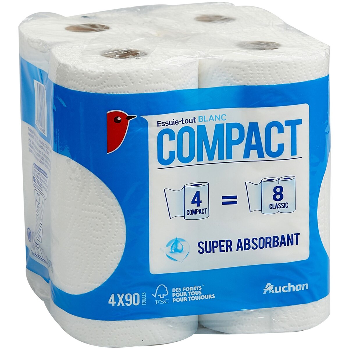 AUCHAN Essuie-tout blanc compact super absorbant = 8 standards 4 rouleaux