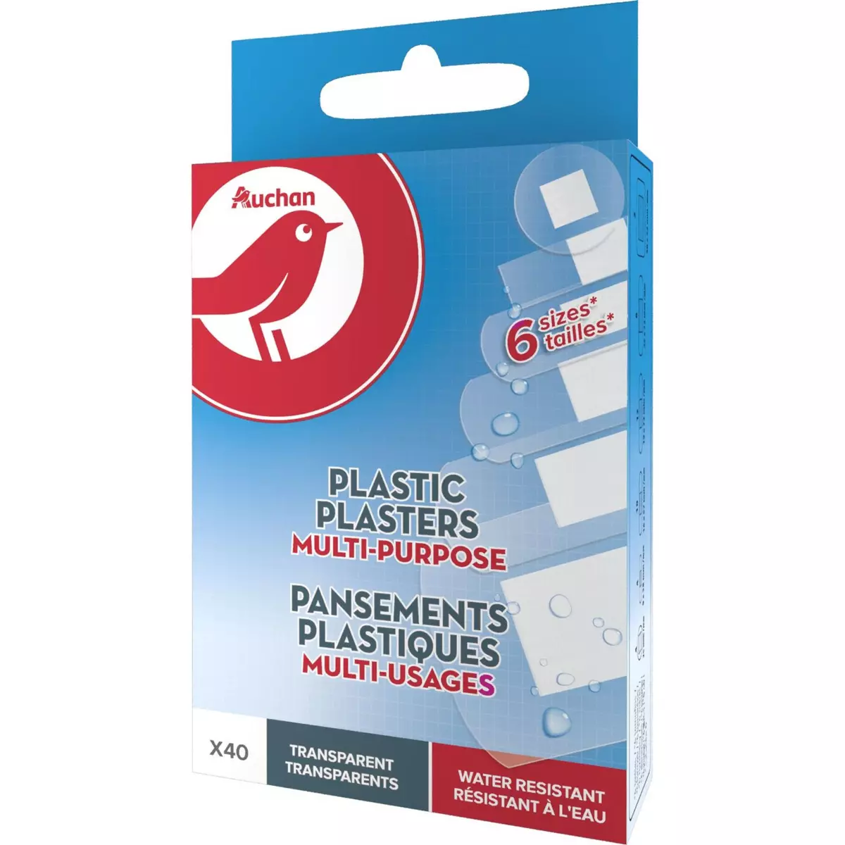 AUCHAN Pansements plastiques multi-usages transparents 6 tailles 40 pansements