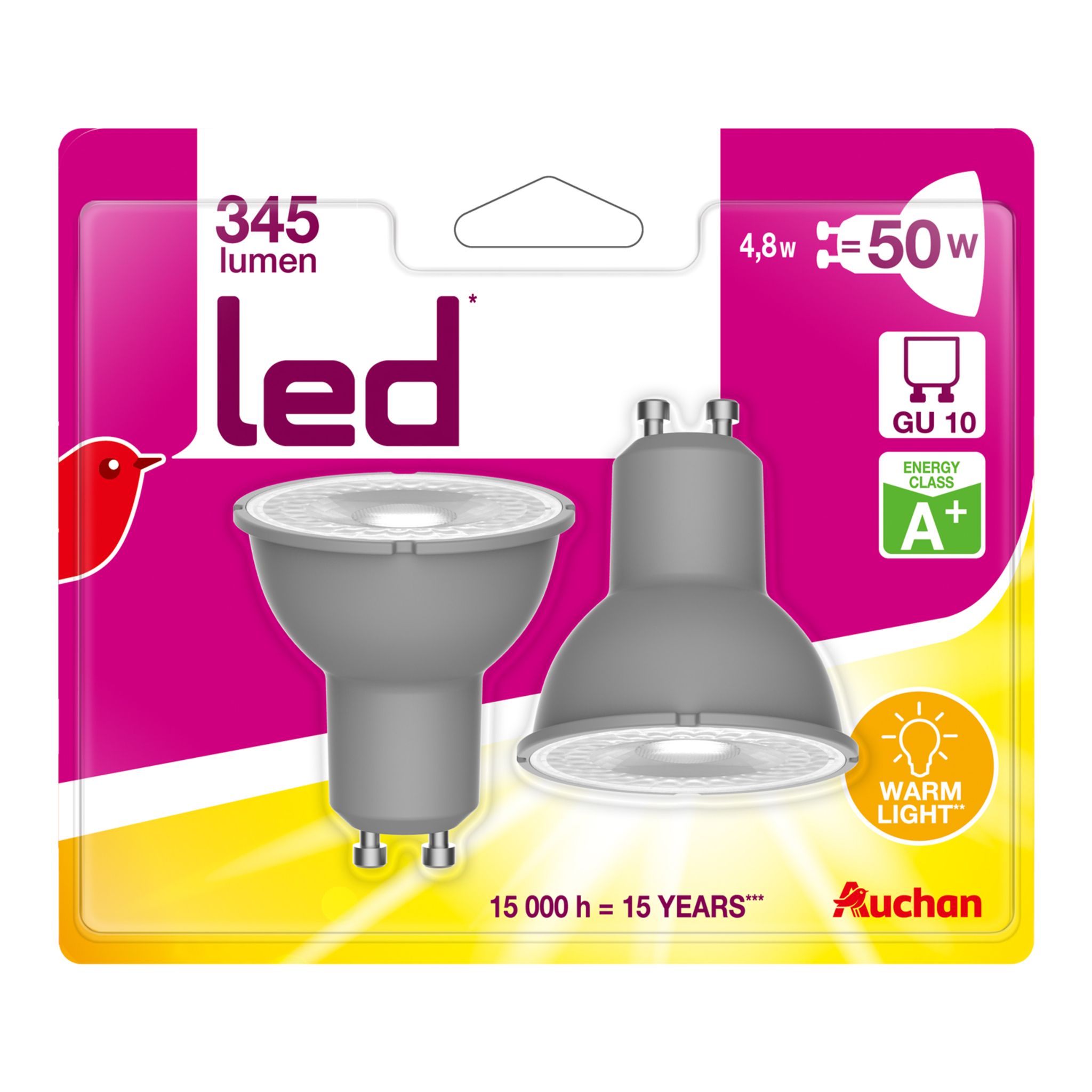 AUCHAN Auchan Ampoules led GU10 spot 50w warm light 345 lumen x2 345
