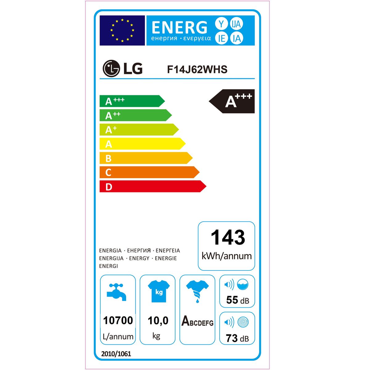 LG Lave-linge Hublot F14J62WHS, 10 Kg, 1400 T/min
