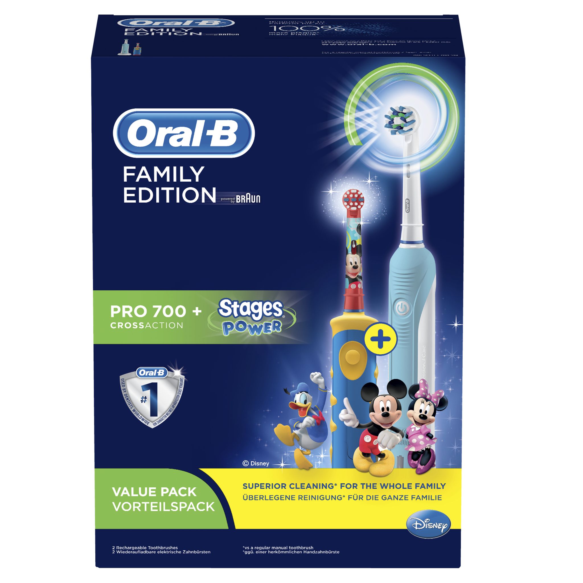 Voir la diapositive 11 : ORAL B Brosses à dent Pack Famille avec 2 manches, 1 manche Pro 700 Cross action + 1 Manche Stages Power pour enfants