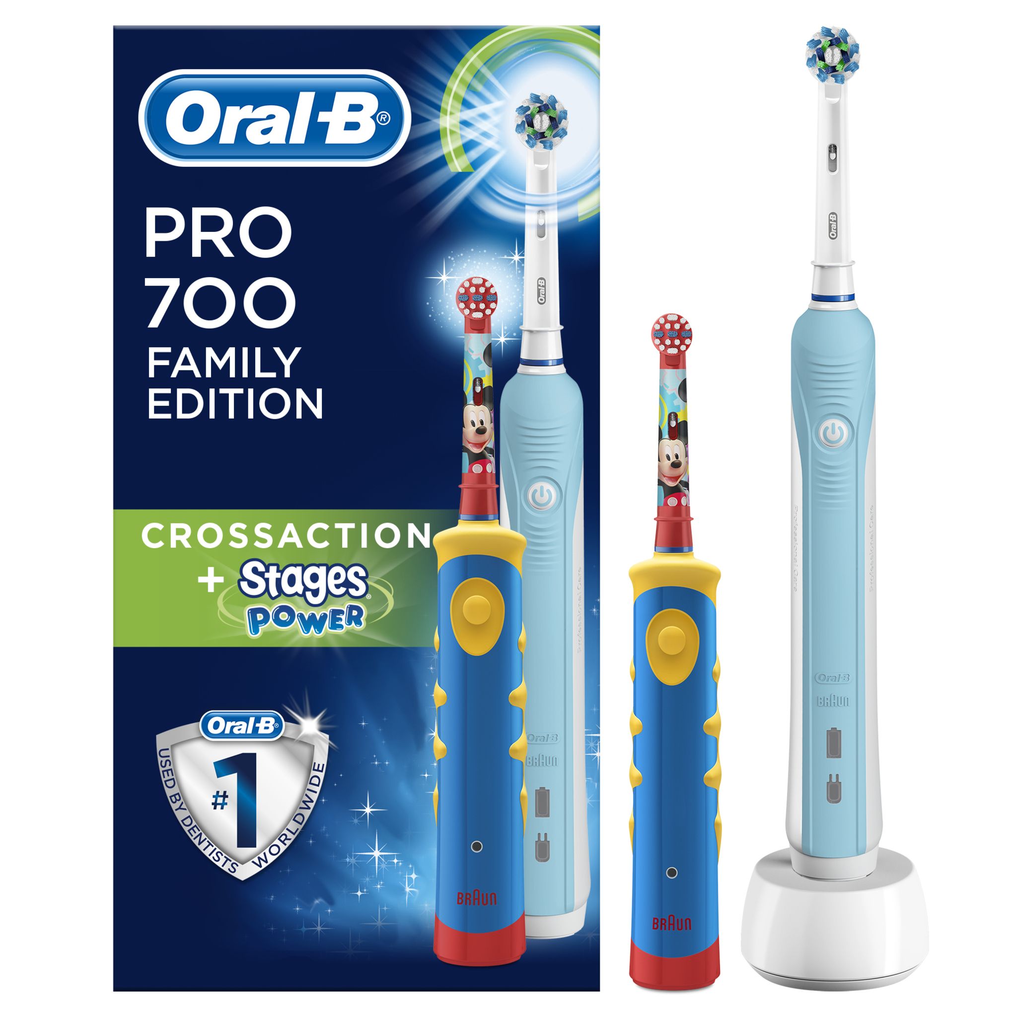 Voir la diapositive 1 : ORAL B Brosses à dent Pack Famille avec 2 manches, 1 manche Pro 700 Cross action + 1 Manche Stages Power pour enfants