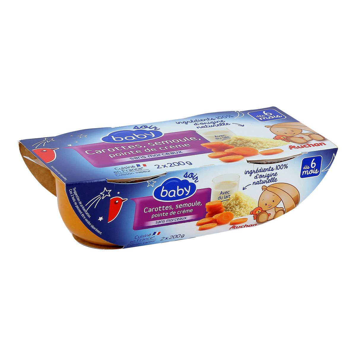 AUCHAN Auchan Baby carottes et semoule bols 2x200g dès 6 mois