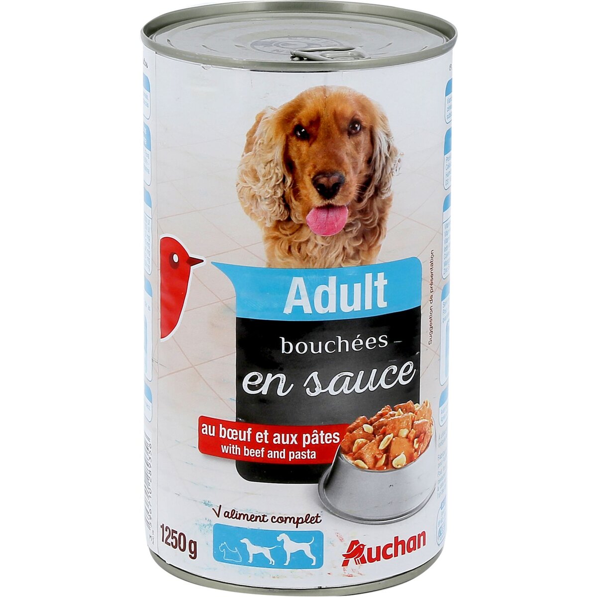 AUCHAN Bouchées en sauce au bœuf et pâtes en boite chien adulte 1,250kg