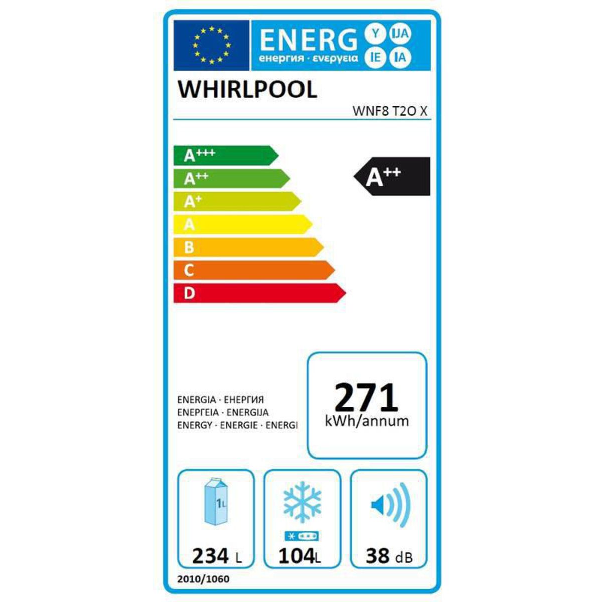 WHIRLPOOL Réfrigérateur combiné WNF8T2OX, 338 L, Froid No Frost
