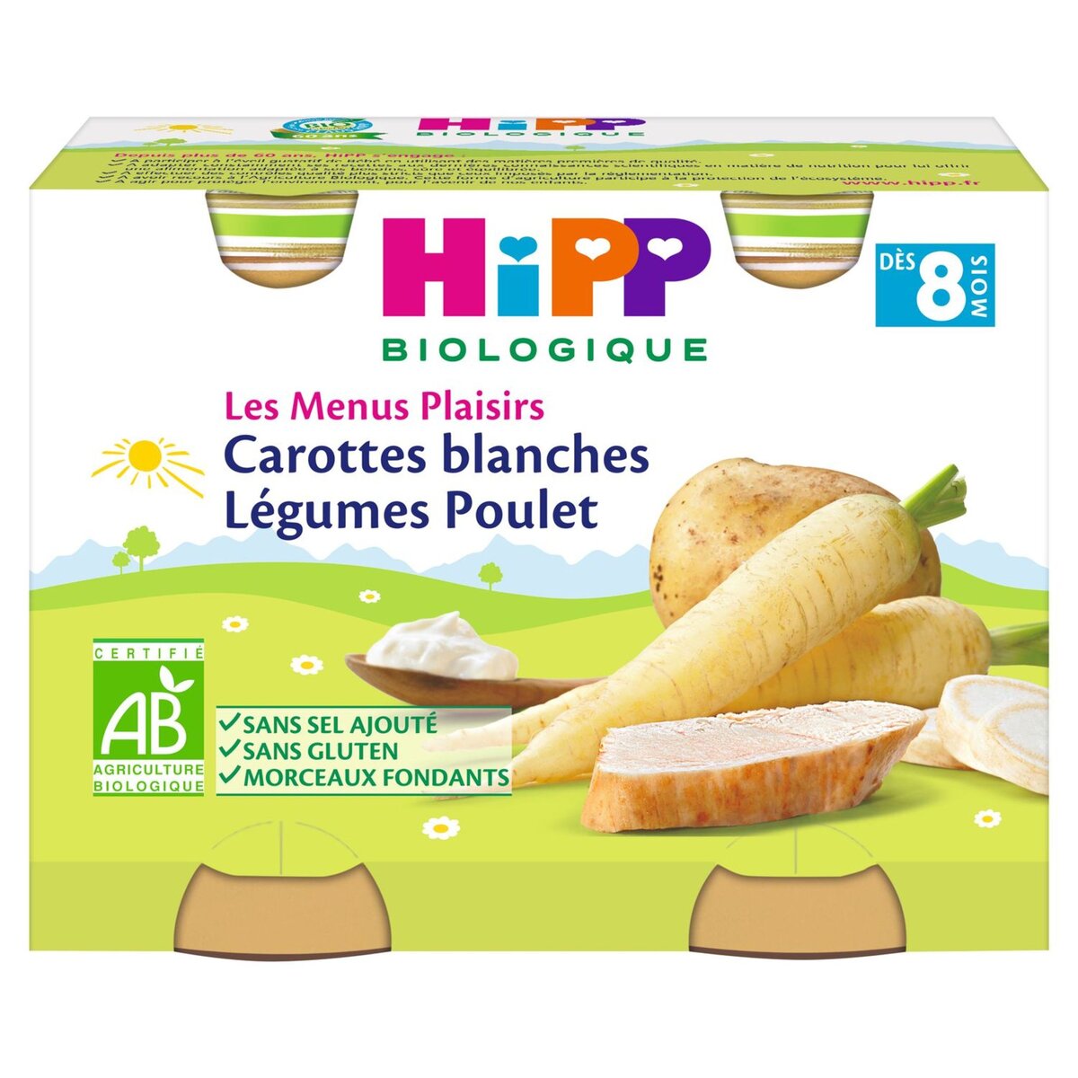 HIPP Les Menus Plaisir Carottes blanches légumes et poulet bio dès 8 mois 2x190g