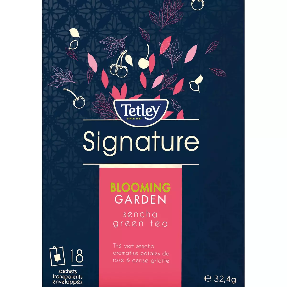 TETLEY Signature blooming thé vert pétales de rose et cerise griotte 18 sachets 32,4g