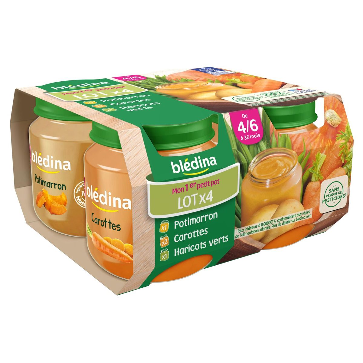 BLEDINA Blédina pot 2 carottes 1 haricot 1 potiron 4x130g dès4/6mois