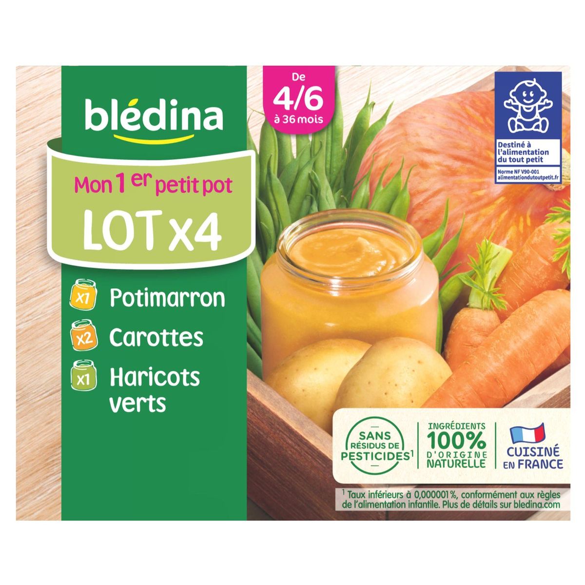 BLEDINA Blédina pot 2 carottes 1 haricot 1 potiron 4x130g dès4/6mois