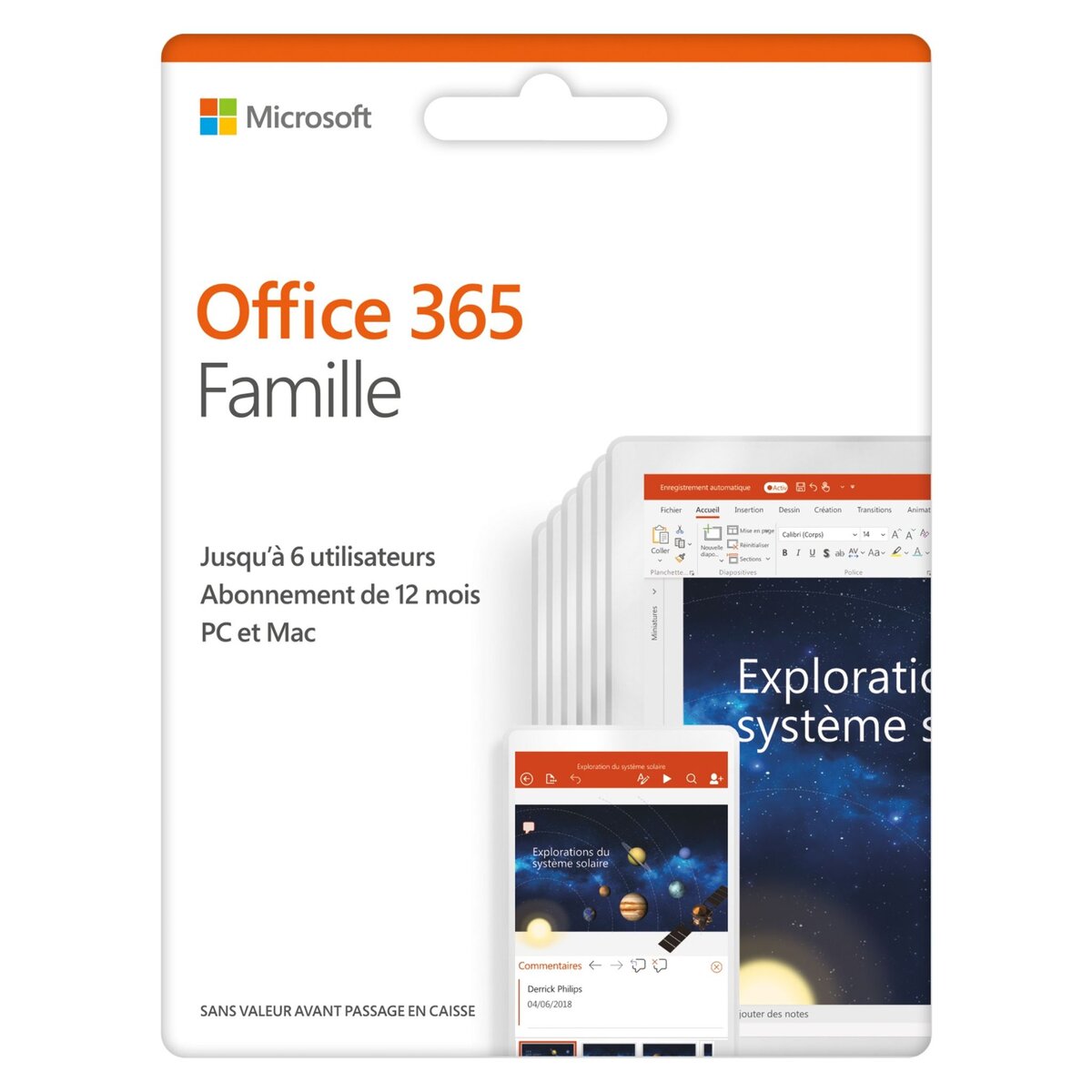 MICROSOFT Logiciel bureautique Office 365 Famille - Pour PC, Mac, Android et iOs - 1 licence pour 6 utilisateurs - Abonnement 12 mois