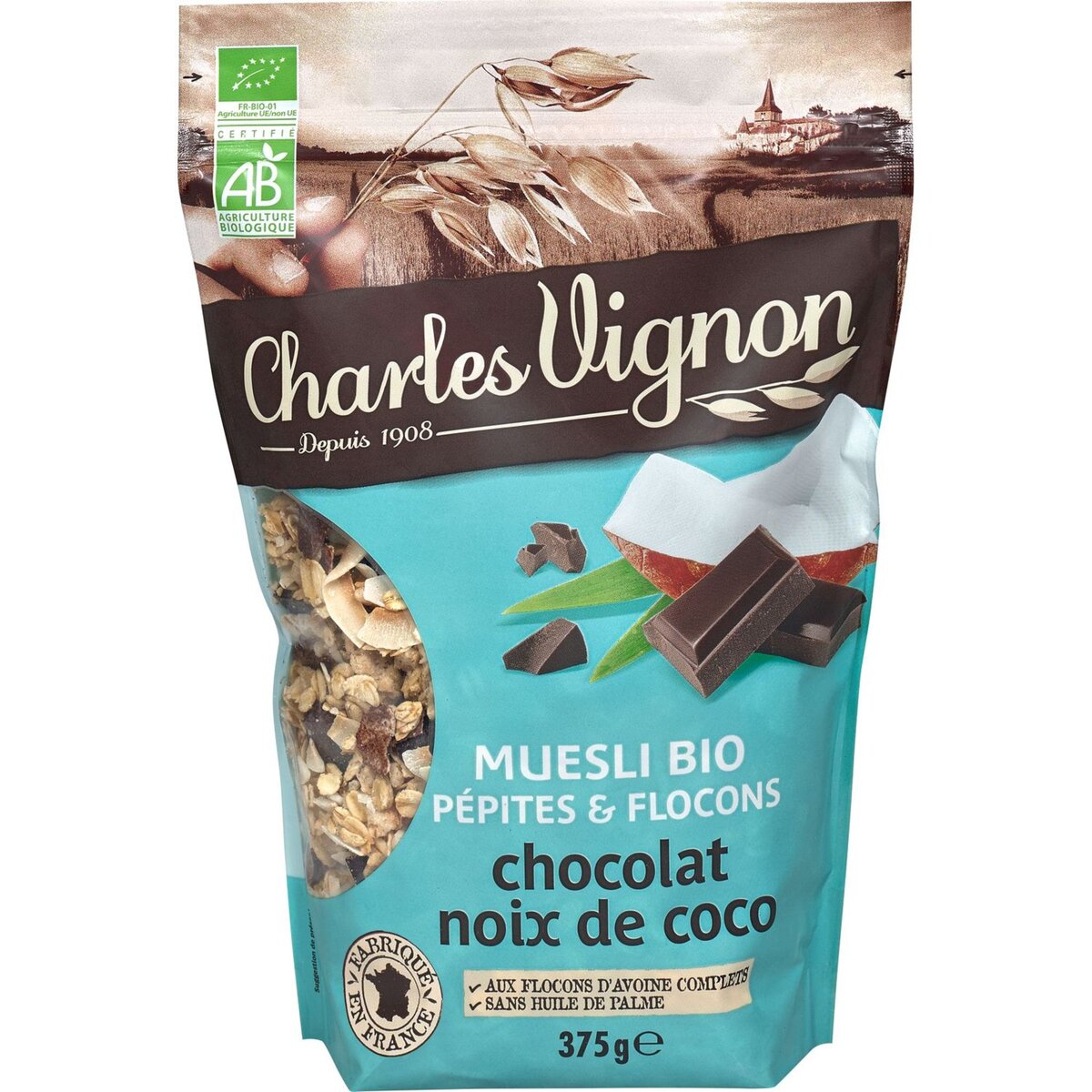 CHARLES VIGNON Charles Vignon muesli pépites flocons chocolat coco bio 375g
