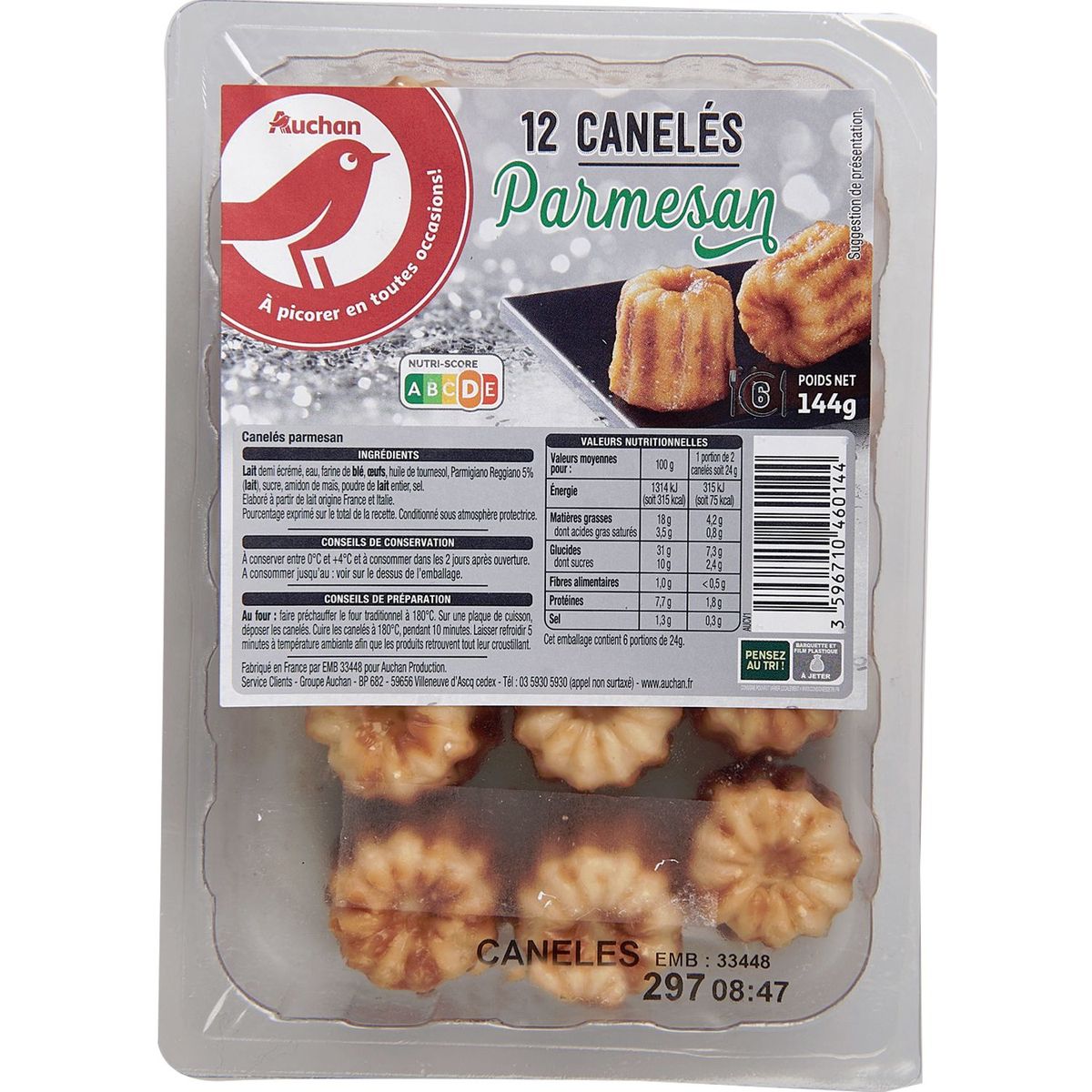 AUCHAN Auchan cannellés au parmesan x12 -144g