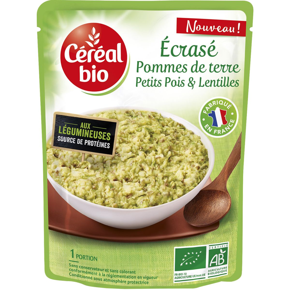 CÉRÉAL BIO Ecrasé pommes de terre petits pois et lentilles  1 portion 250g