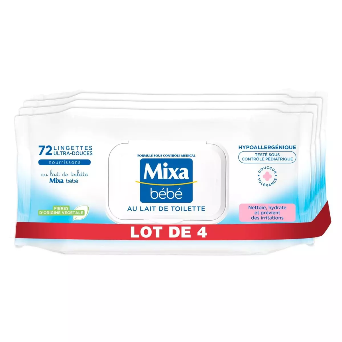 MIXA Lingettes ultra douces hypoallergénique au lait de toilette 4x72 lingettes