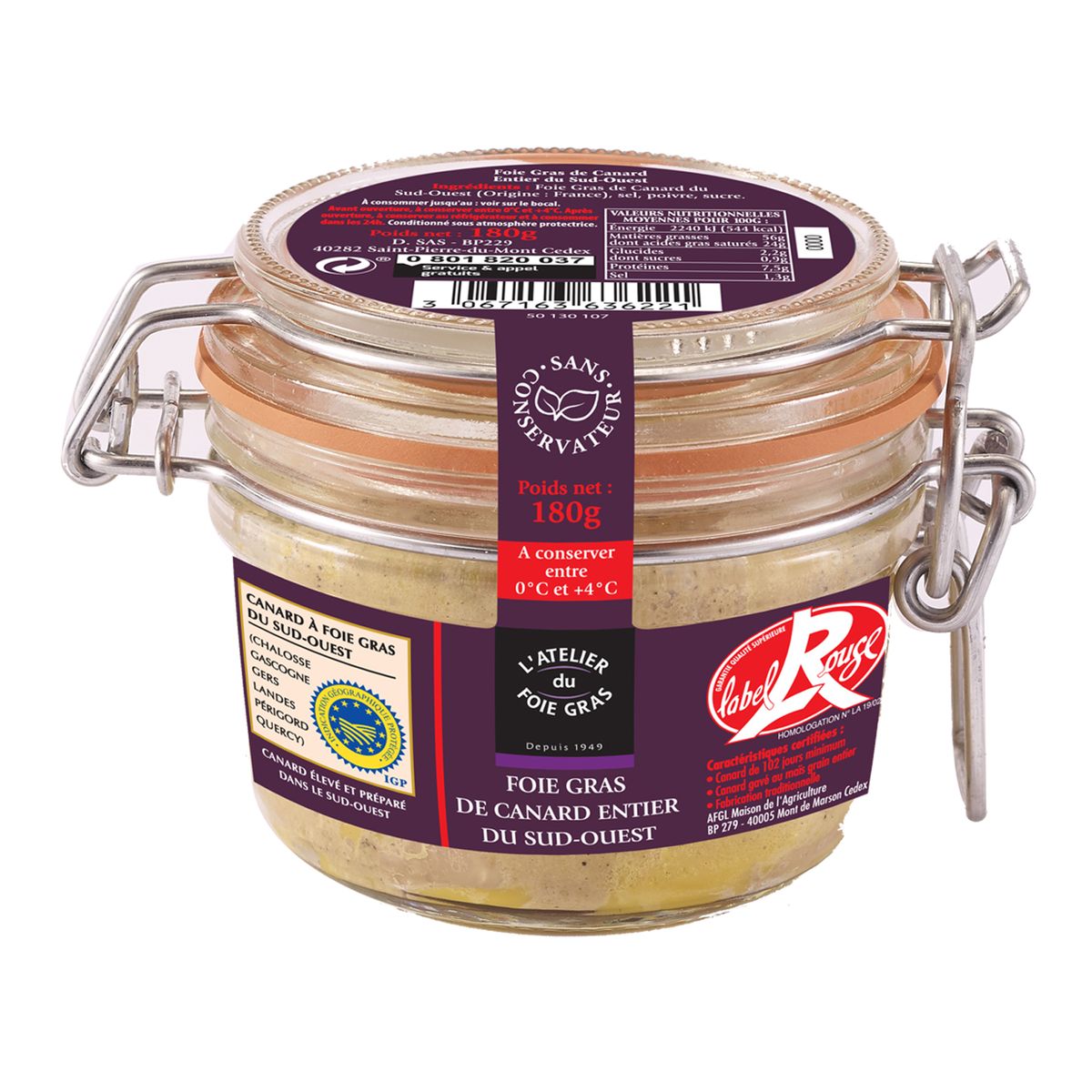 L'ATELIER DU FOIE GRAS Foie gras de canard entier du Sud-Ouest 180g