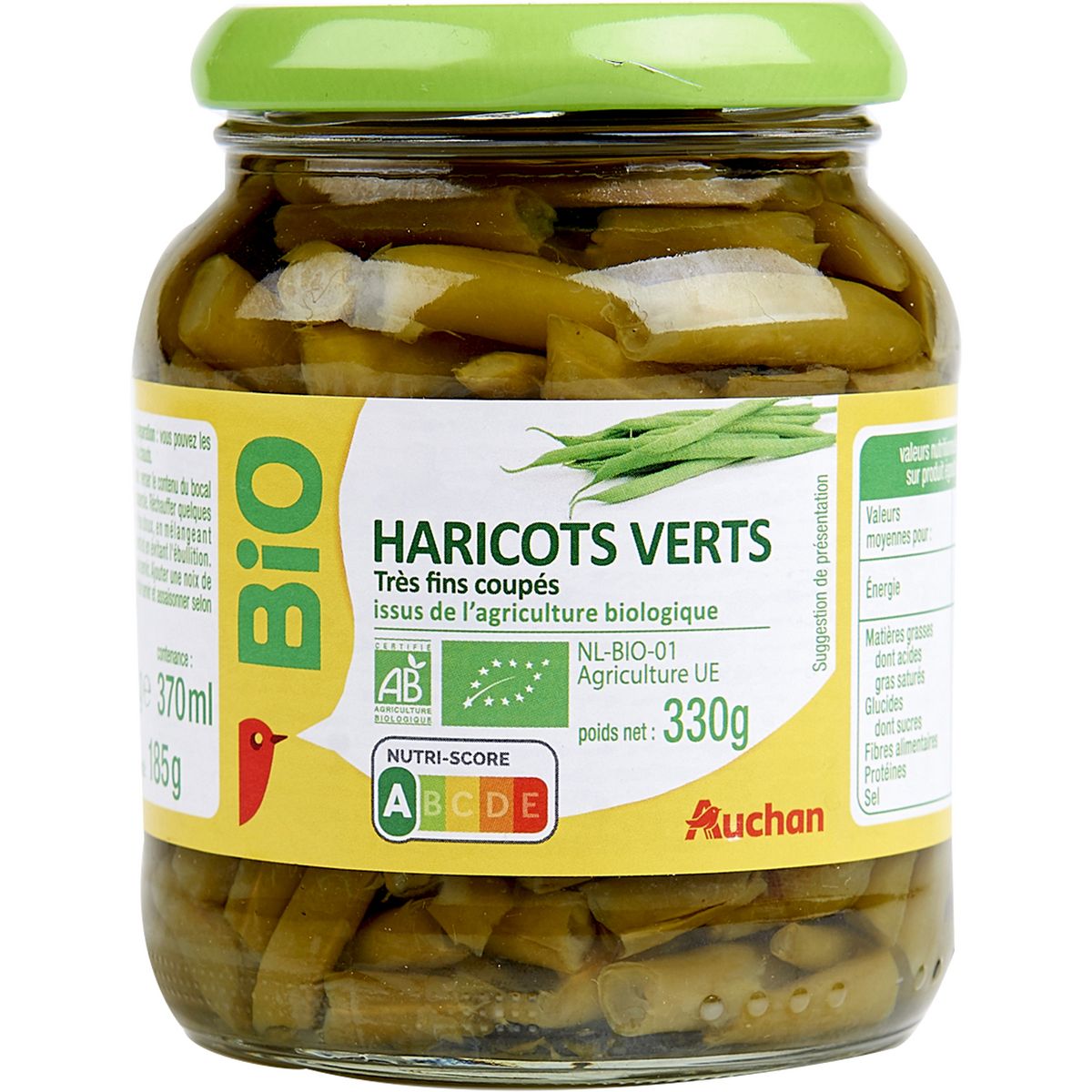 AUCHAN BIO Haricots verts coupés très fin, en bocal 220g