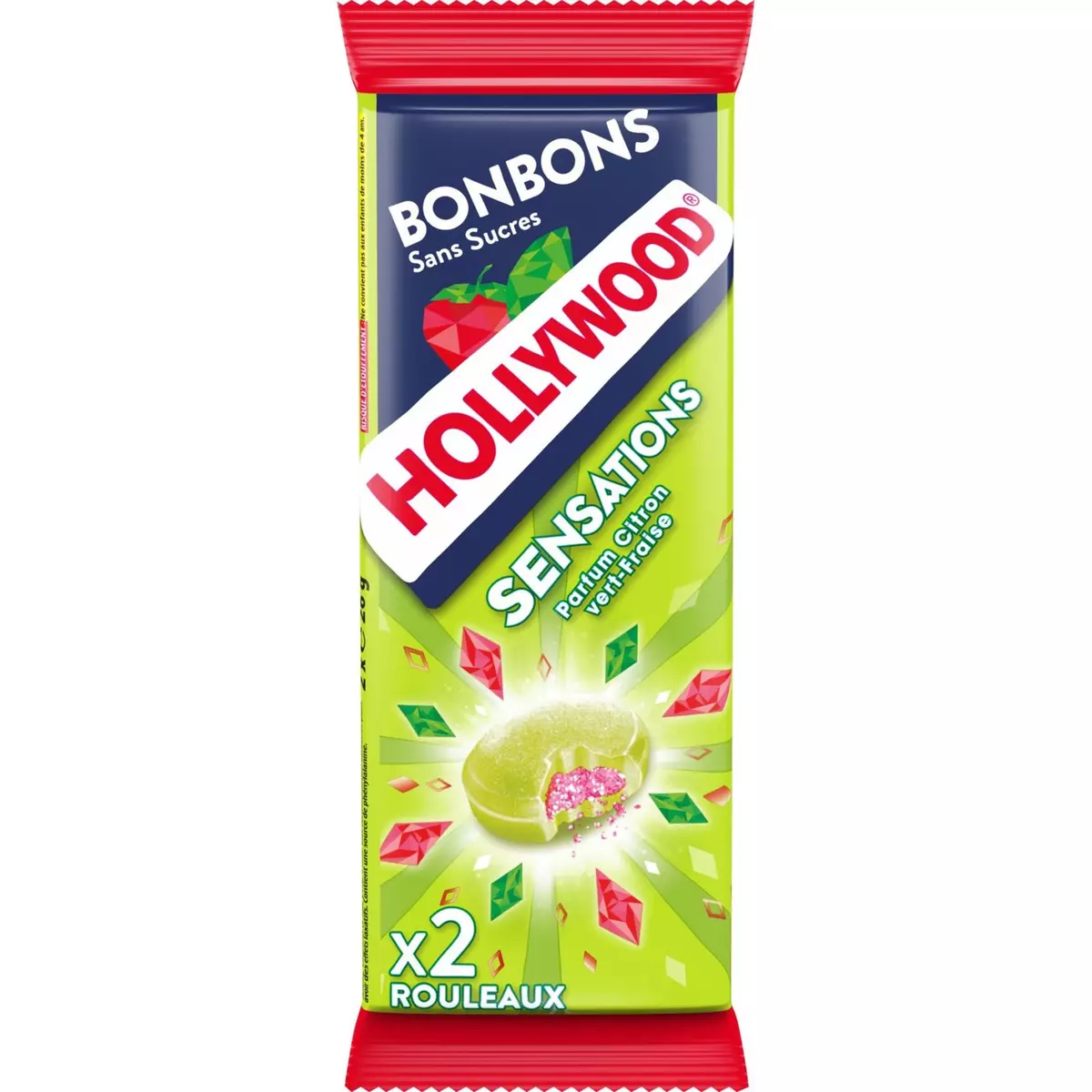 HOLLYWOOD Sensation bonbons citron vert fraise 2 rouleaux 52g