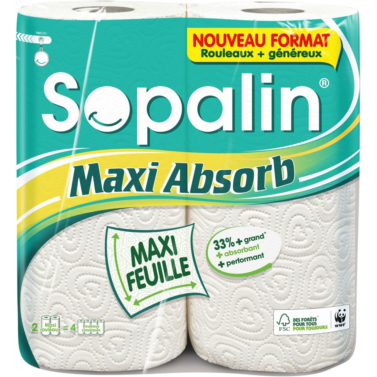 SOPALIN Essuie-tout blanc maxi feuilles absorbantes 4 standards 2 rouleaux