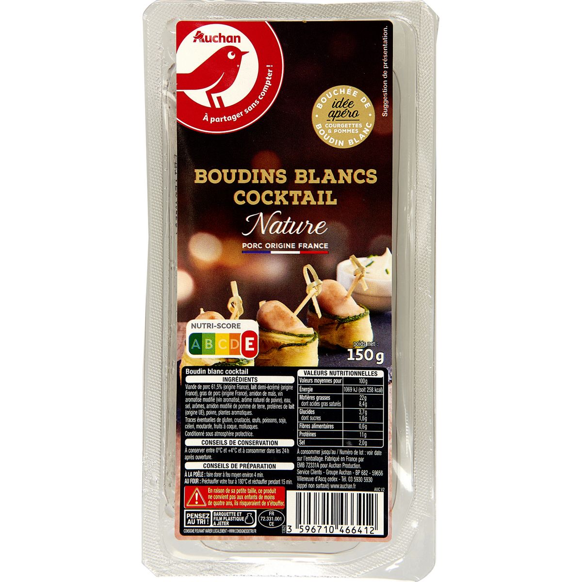 AUCHAN Boudin blanc cocktail nature 150g