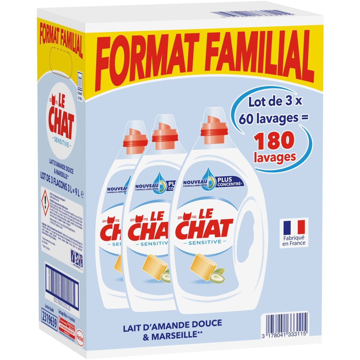 LE CHAT Le Chat Lessive liquide sensitive format familial 180 lavages 3x3l 180 lavages 3x3l