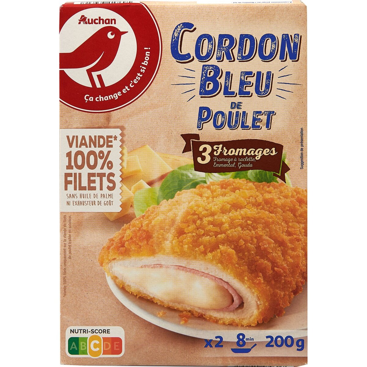 AUCHAN Cordon bleu de poulet aux 3 fromages 2 pièces 200g