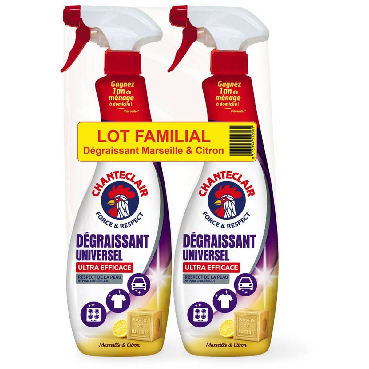 CHANTECLAIR Chanteclair spray dégraissant citron et savon de Marseille 2x625ml