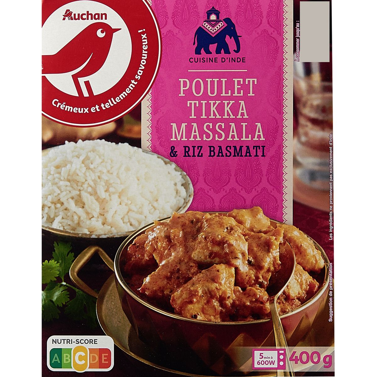 AUCHAN Poulet tikka Massala et riz basmati 1 portion 400g