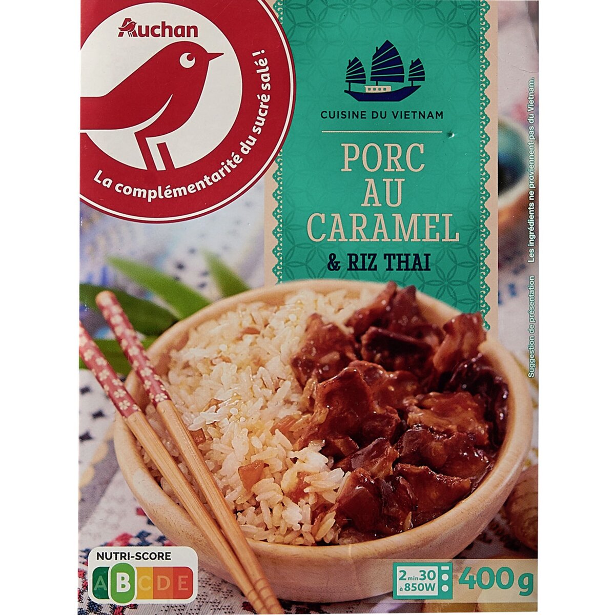 AUCHAN Porc au caramel et riz thaï 1 portion 400g