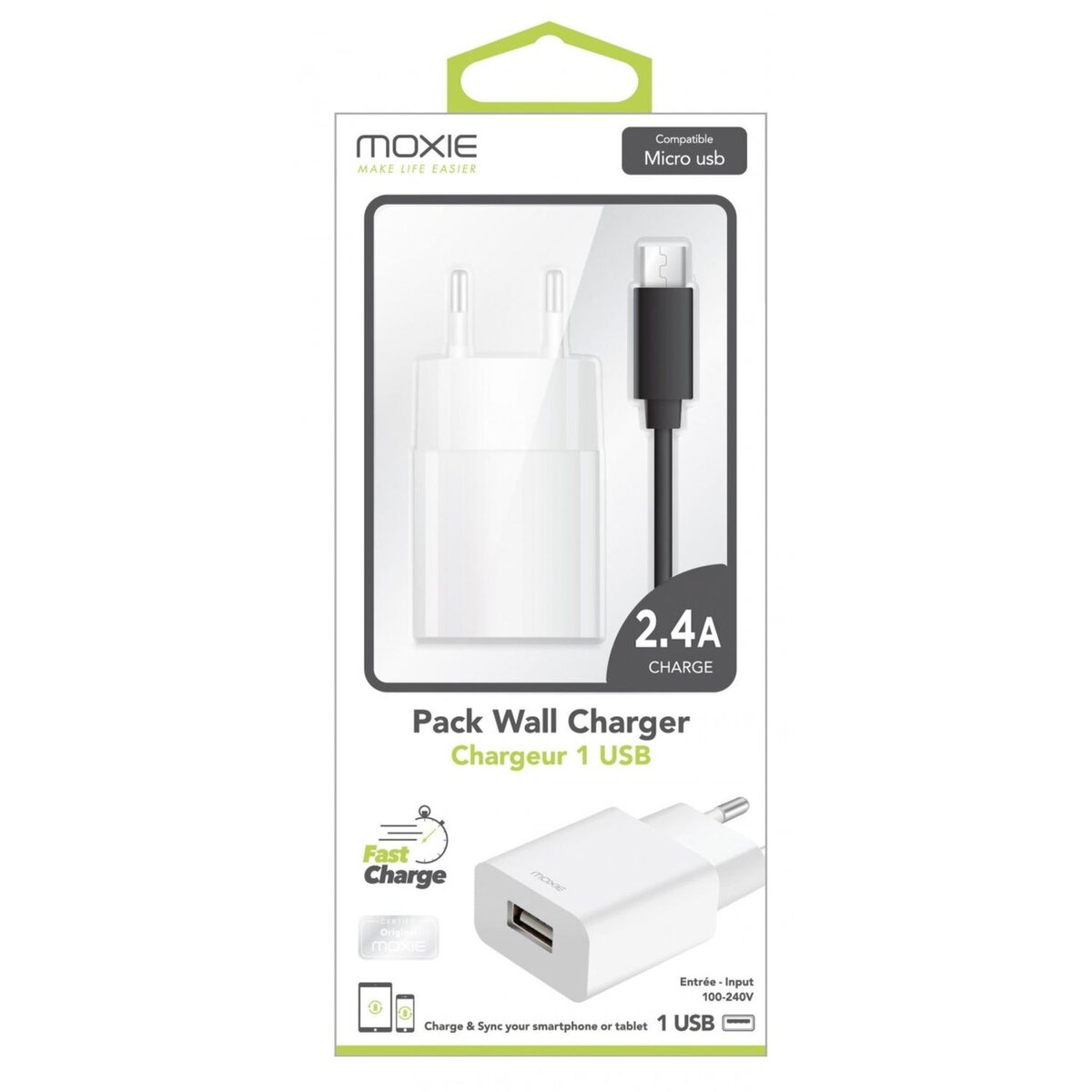MOXIE Chargeur - PACKCHARG2.4AMICBL - Secteur + câble - Micro USB - Blanc et Noir - Charge rapide