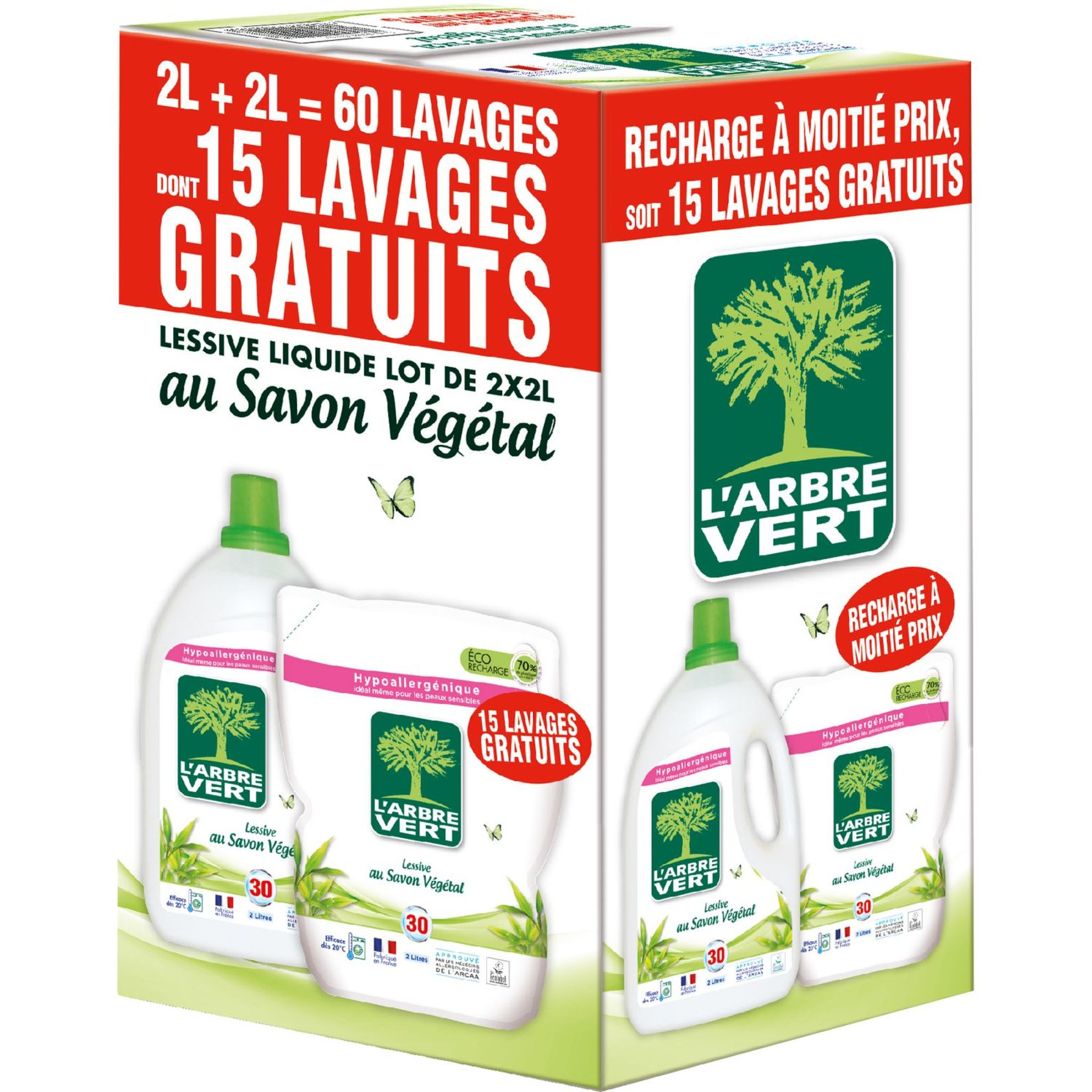 ARBRE VERT Arbre Vert lessive diluée végétal 30 lavages 2l + recharge