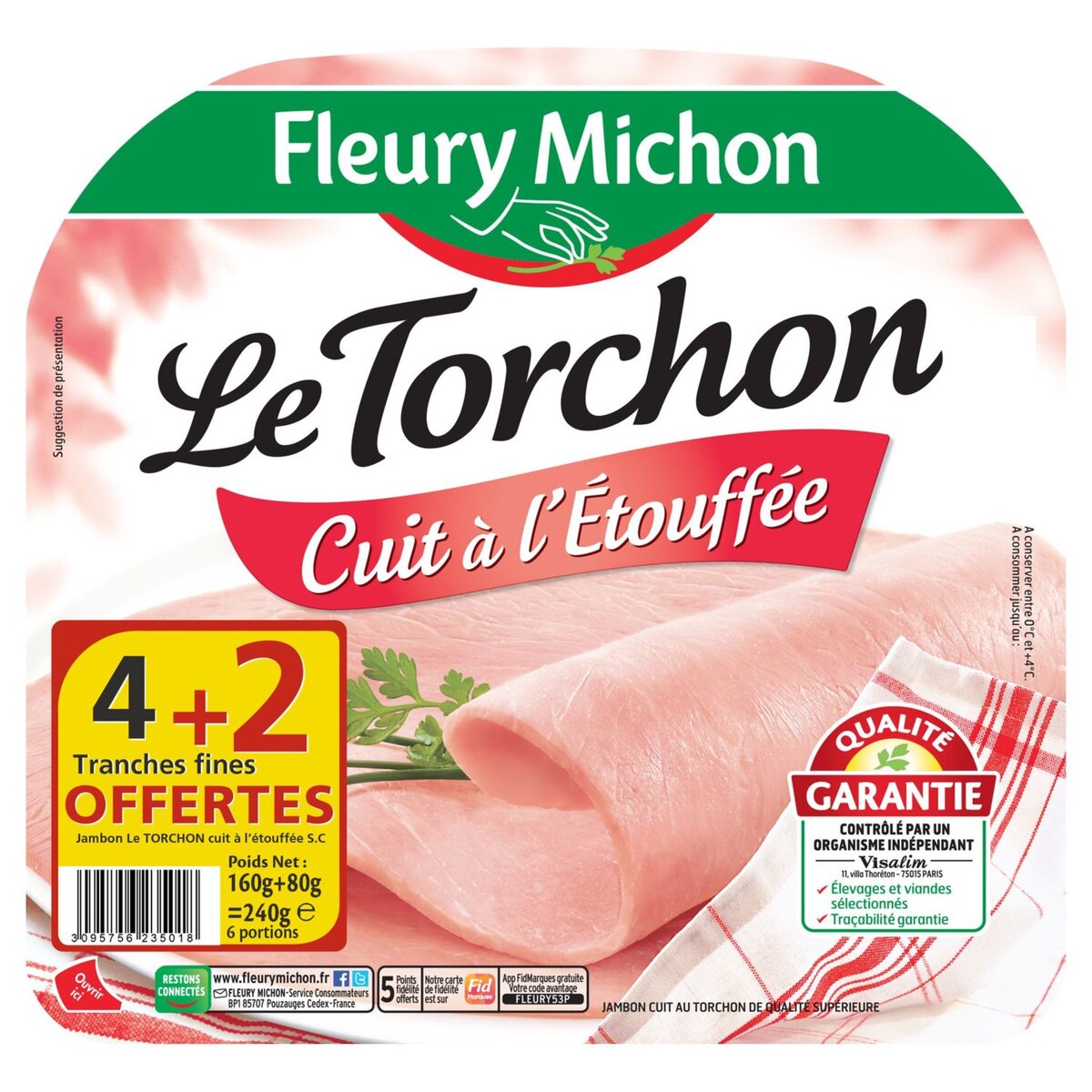 FLEURY MICHON Jambon blanc supérieur -25% de sel sans couenne 2 tranches  80g pas cher 