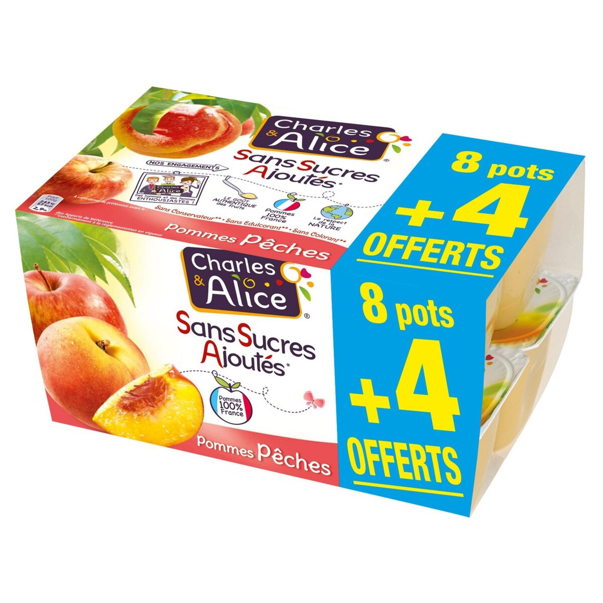 CHARLES & ALICE Spécialité pommes pêches sans sucres ajoutés 8+4 offerts 12x100g