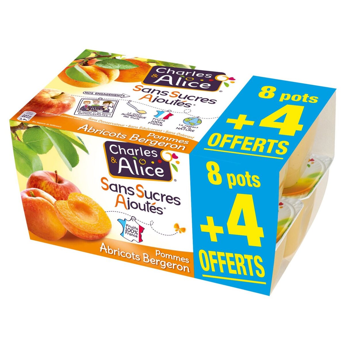 CHARLES & ALICE Spécialité pommes abricots sans sucres ajoutés 8+4 offerts 12x100g