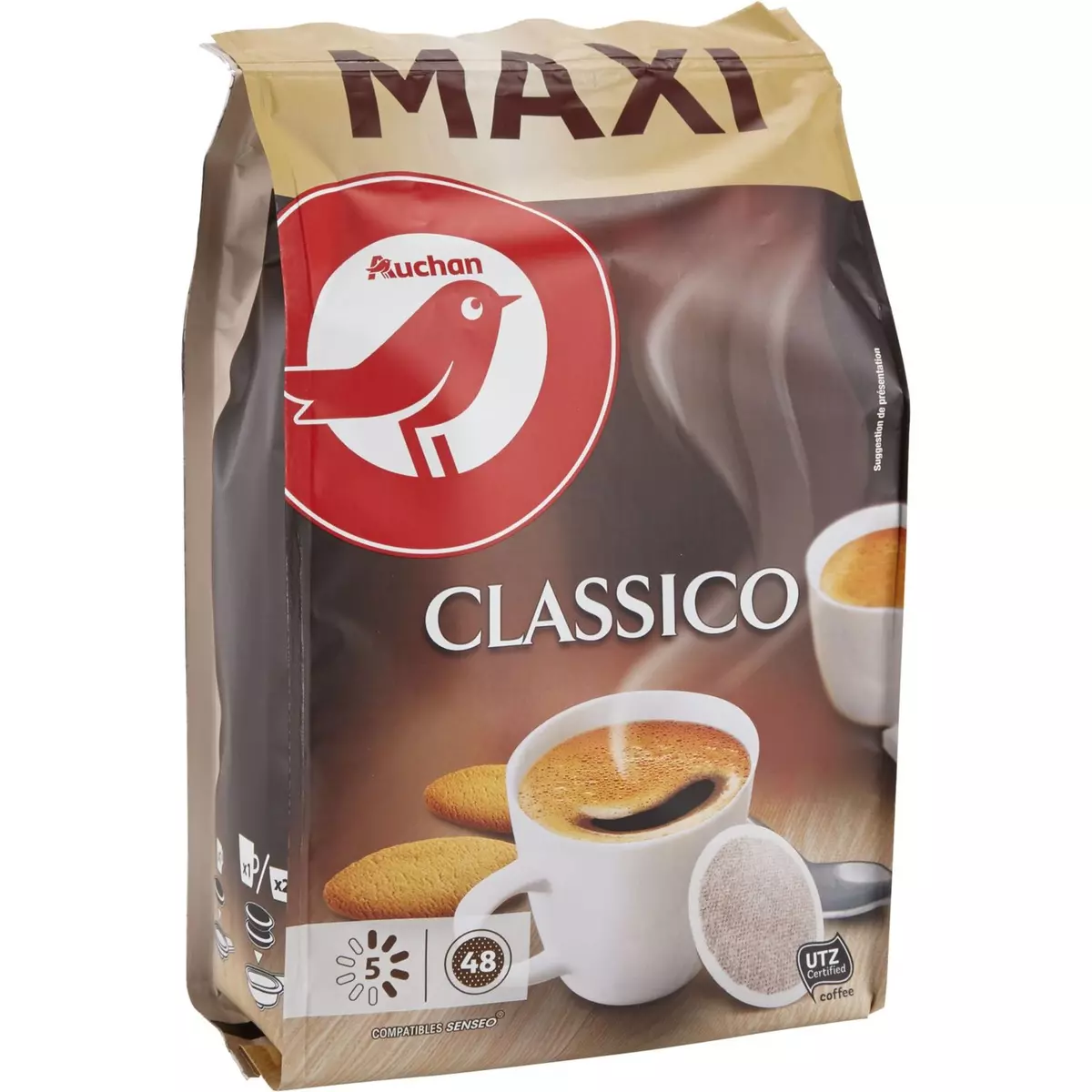AUCHAN Dosettes de café classico intensité 5 compatibles Senseo 48 capsules 333g