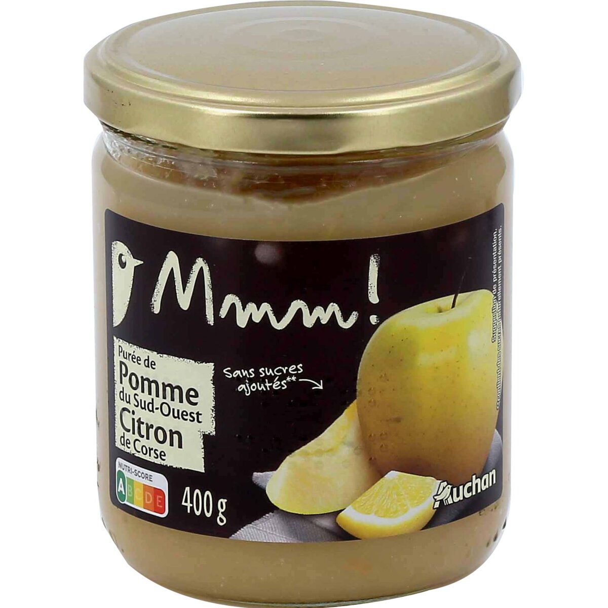 AUCHAN GOURMET Purée de pomme du sud-ouest et citron de Corse sans sucres ajoutés en bocal 400g