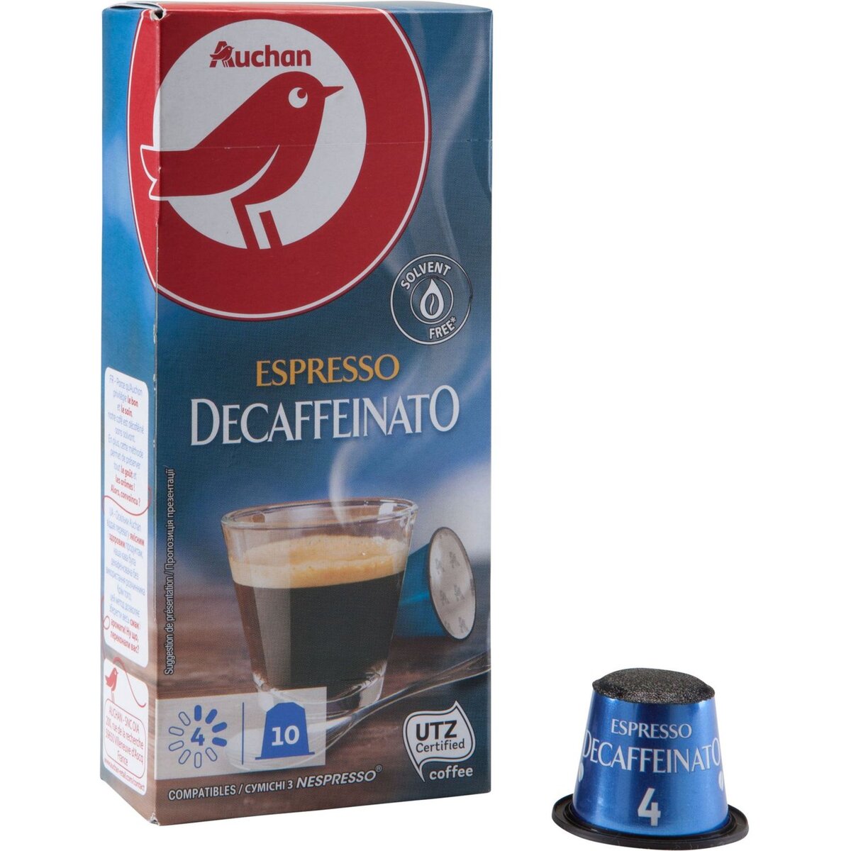 AUCHAN Capsules de café espresso décaféiné compatibles Nespresso 10 capsules 52g