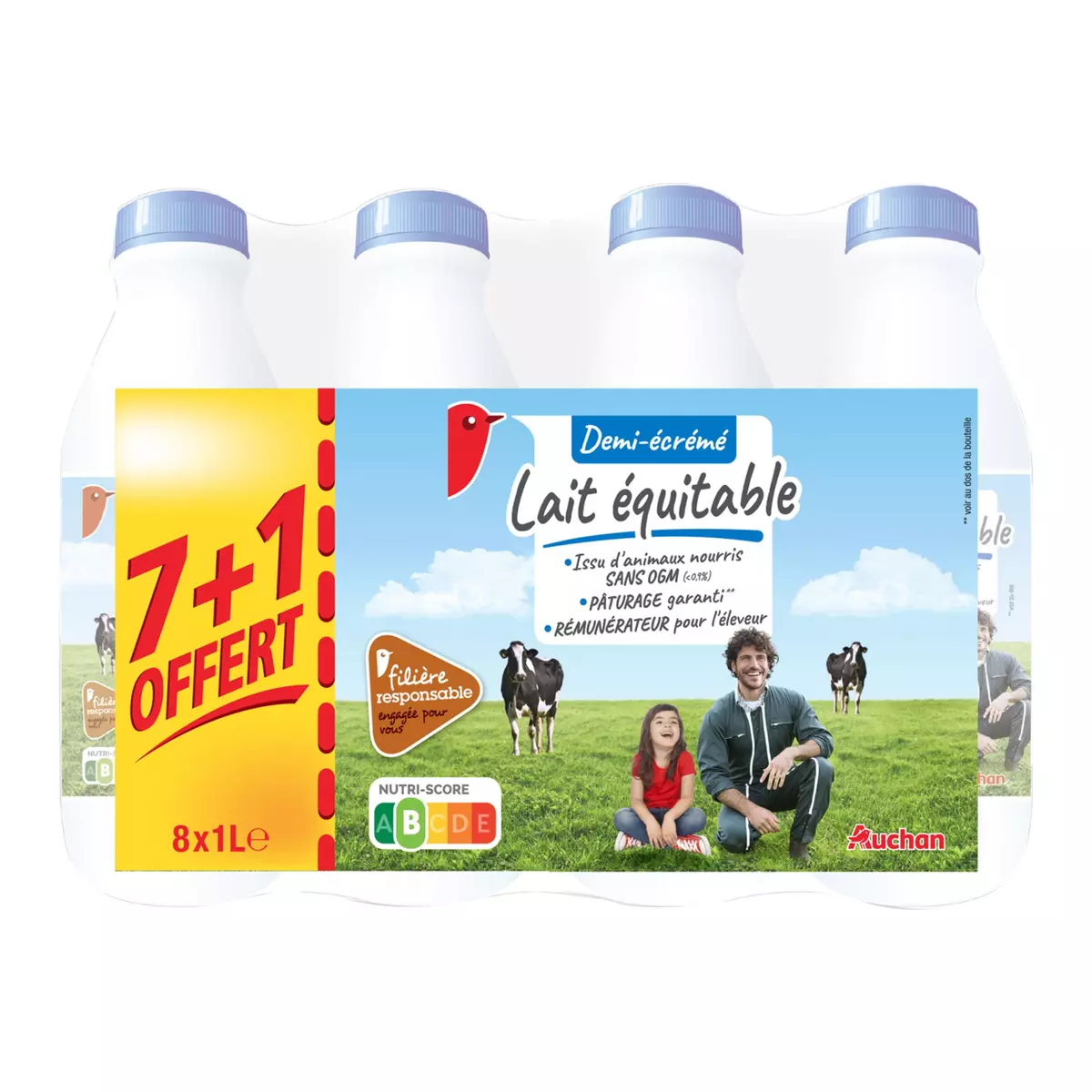 AUCHAN Auchan lait 1/2écrémé 7x1l +1offert