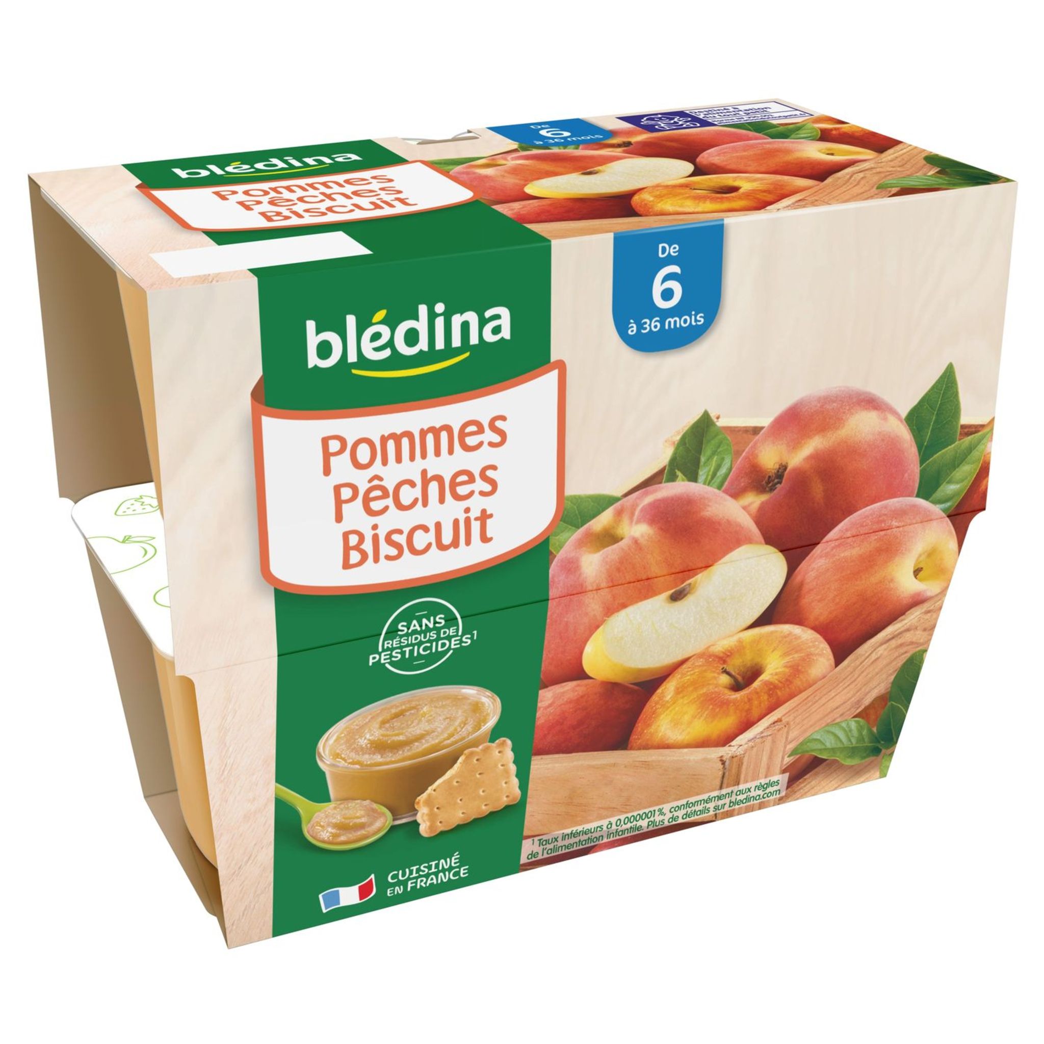 Voir la diapositive 2 : BLEDINA Blédina coupelle pomme pêche biscuit 4x100 de 6 à 36mois