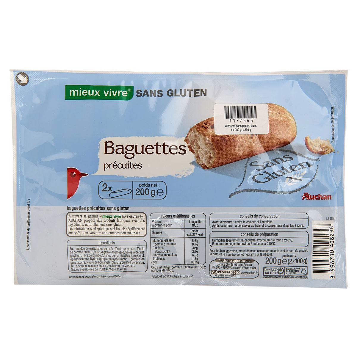 AUCHAN Auchan baguettes précuites sans gluten x2 200g