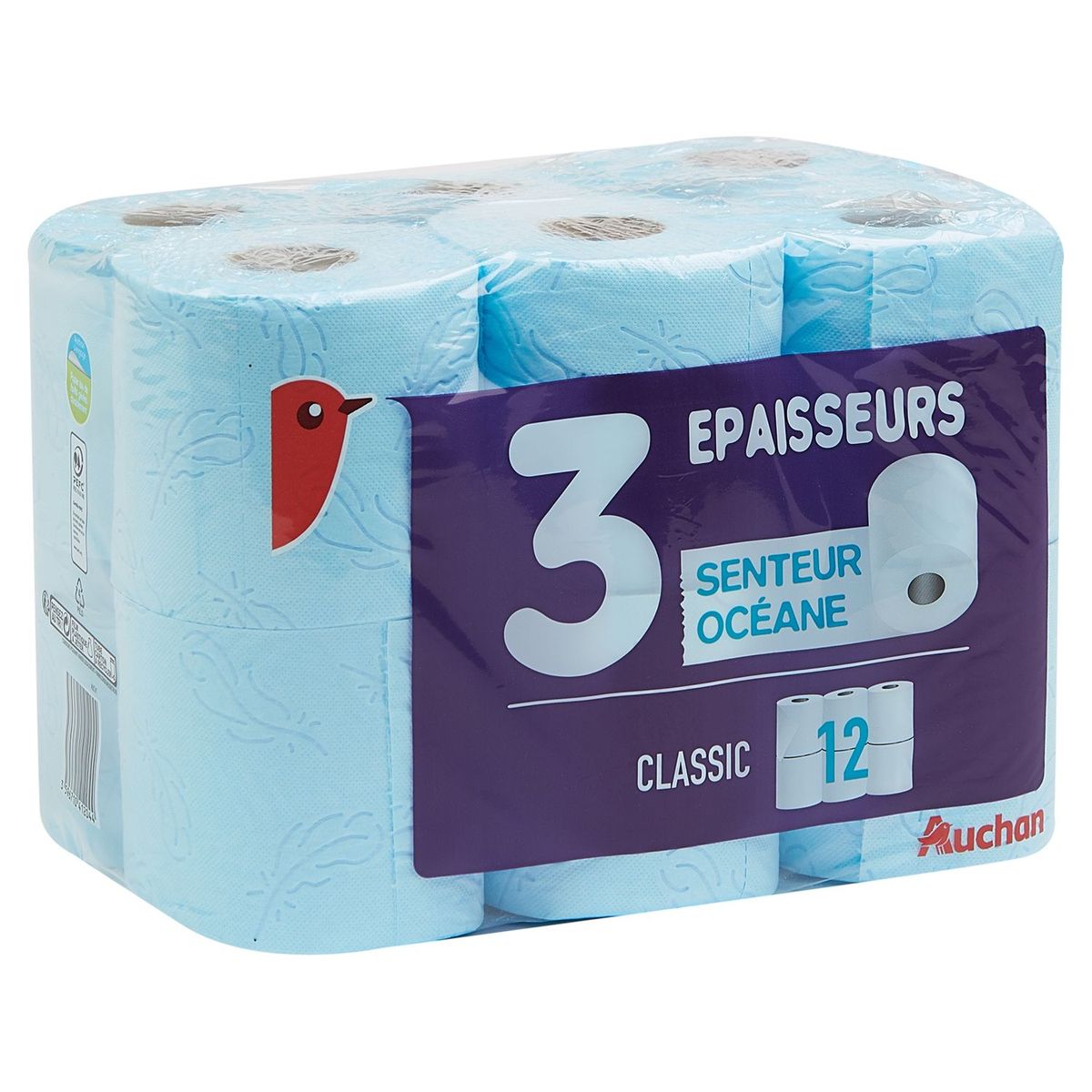 AUCHAN Papier toilette bleu senteur océane 3 épaisseurs 12 rouleaux