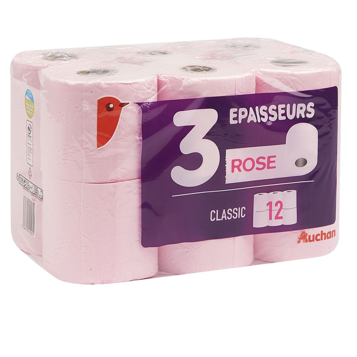 AUCHAN Papier toilette rose 3 épaisseurs 12 rouleaux
