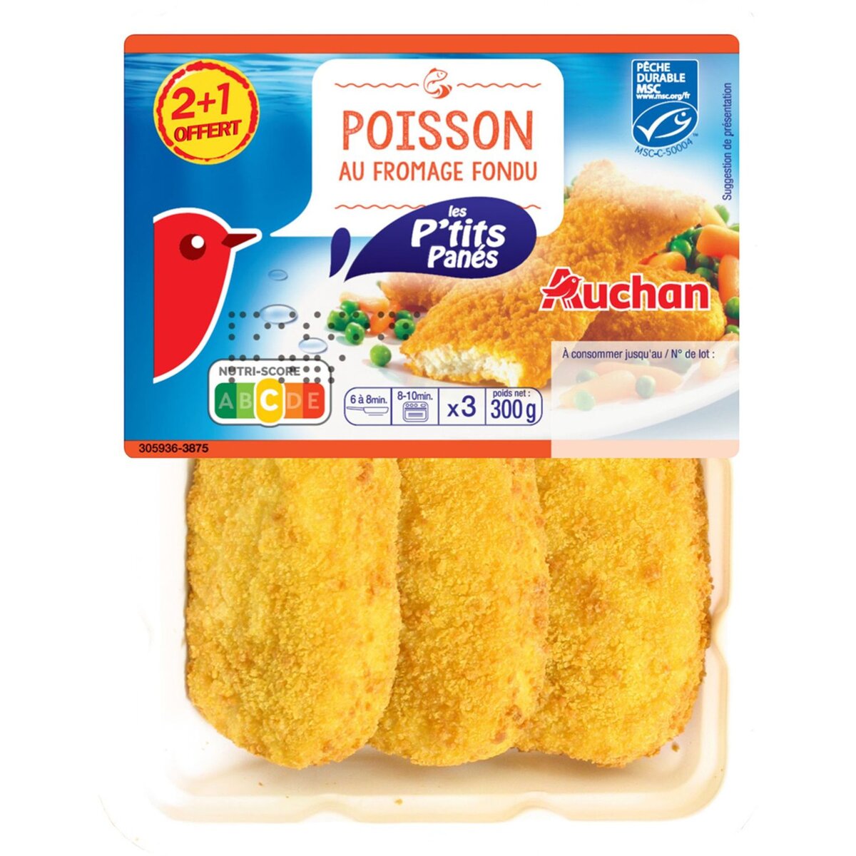 AUCHAN Les P'tits Panés Poissons au fromage fondu 2+1 offert 300g